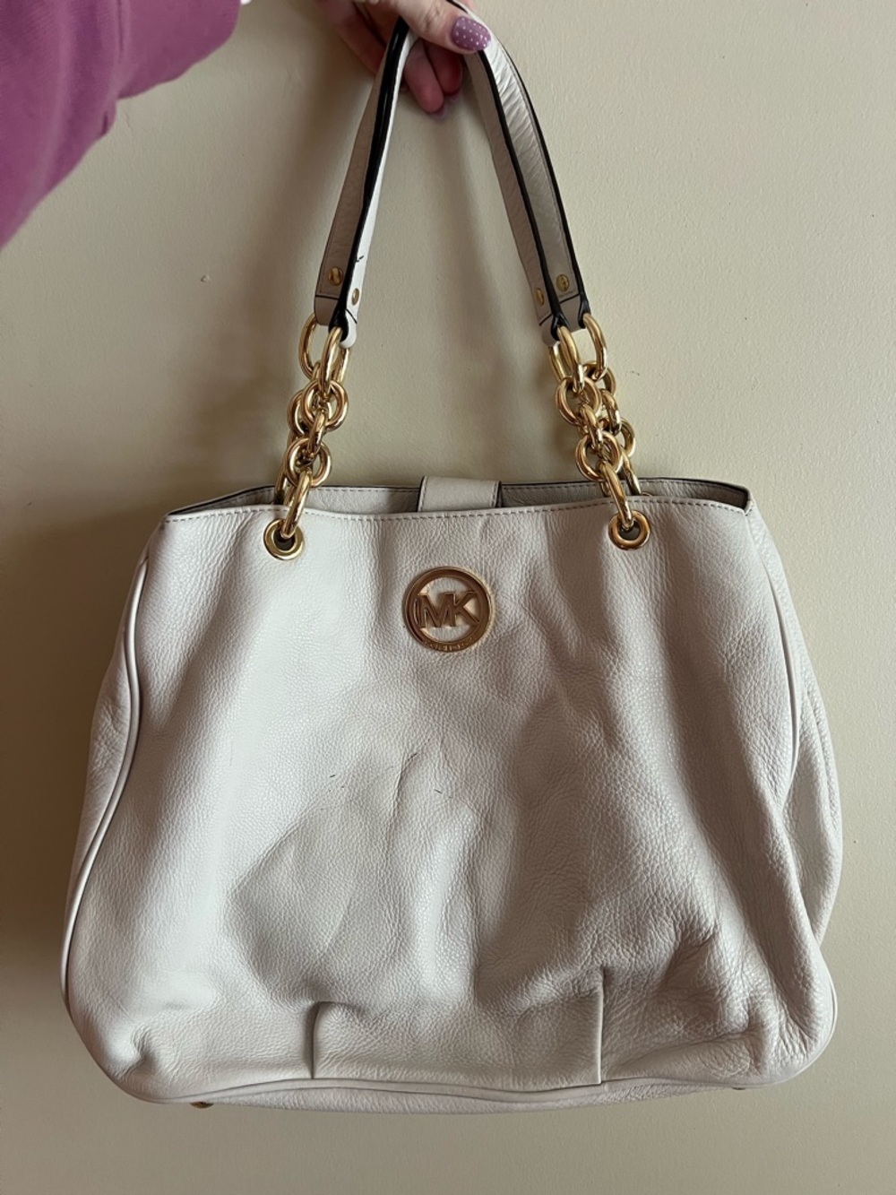 Michael Kors Cream Leather Tote with Gold Chain Accents